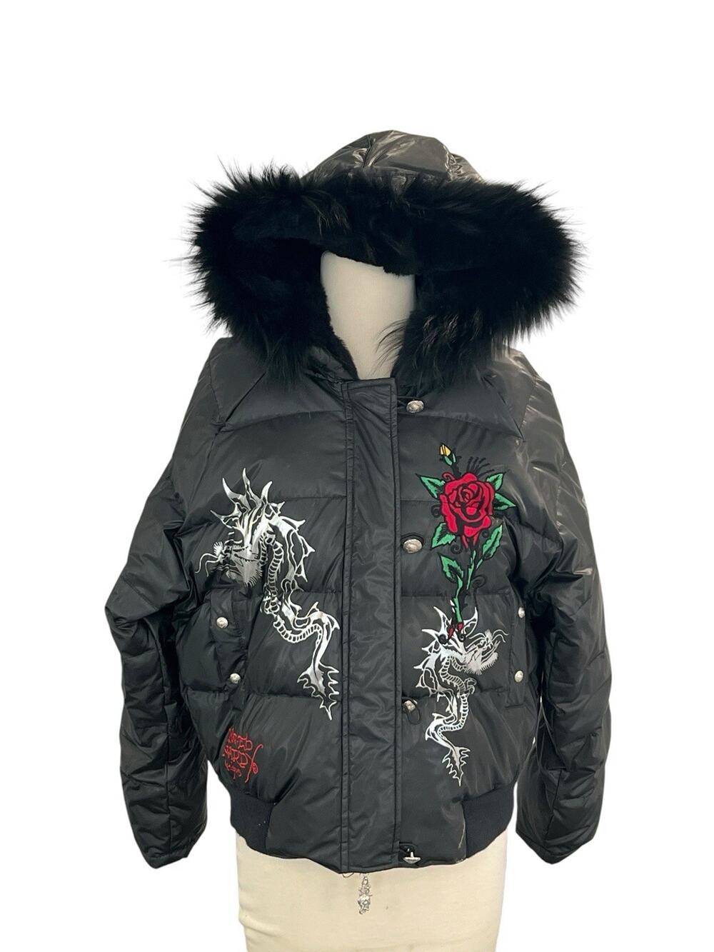 Ed Hardy Embroided Logo Tiger Roses Dragon Down Puffer Jacket Coat VTG Size XL